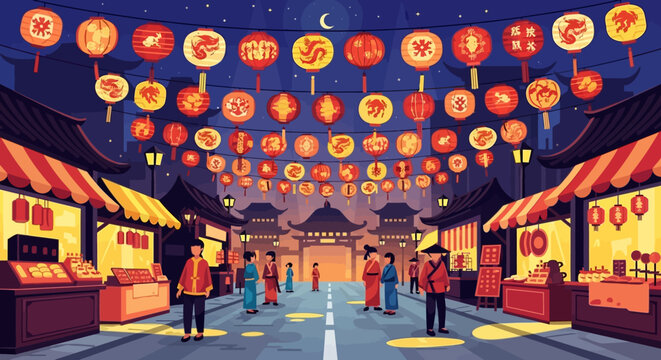 Chinese New Year Night Market with Lanterns and Stalls