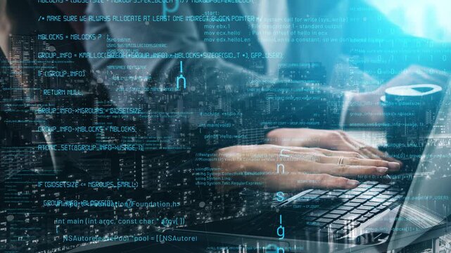 A modern workspace featuring hands typing on a laptop with digital data and codes overlaying a cityscape, symbolizing innovation and technology in business. Xenic