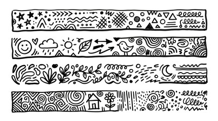 Fototapeta premium Decorative hand-drawn borders featuring nature, weather, and abstract patterns for creative projects