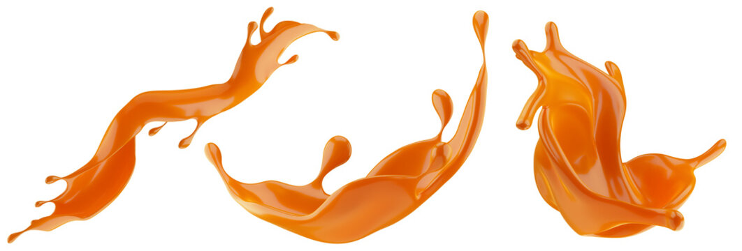 Set of caramel splashes isolated on a white background. 3D render