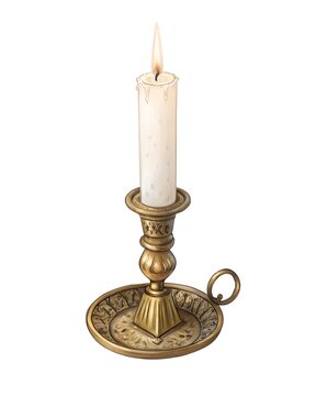 Elegant golden candlestick holding a lit white candle casts a warm glow, illuminating the surrounding space with a soft, inviting ambiance during a tranquil evening Generative AI ai, candlestick, cand
