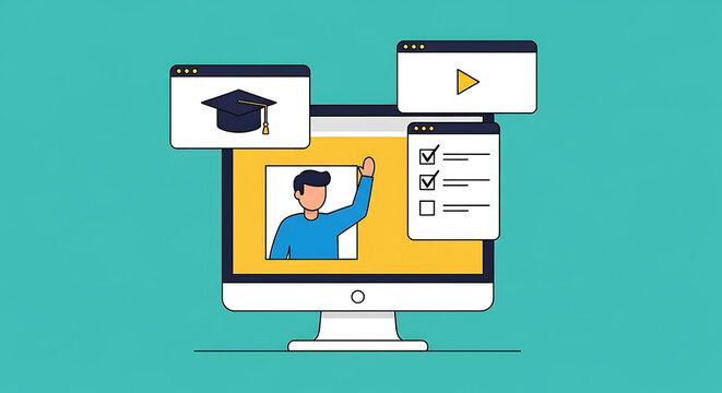 Online education platform on computer screen displays graduation and video