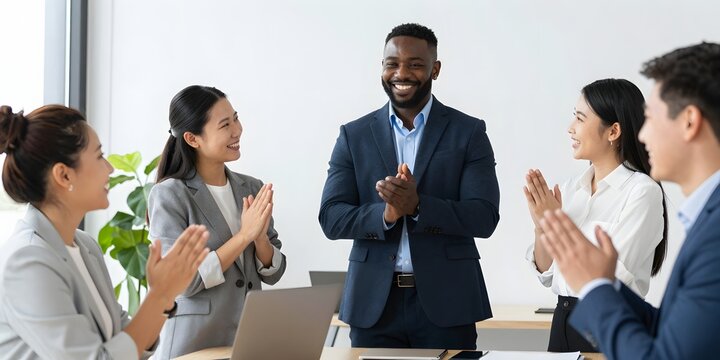 Happy diverse business team applauding success in modern office space