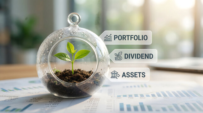 Plant growing inside a glass terrarium with investment tags portfolio dividend and assets