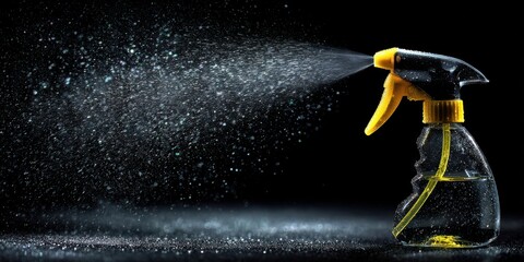 Naklejka premium Clear plastic spray bottle spraying mist on black background