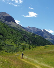 Fototapeta premium Hiker walking mountain path under blue sky
