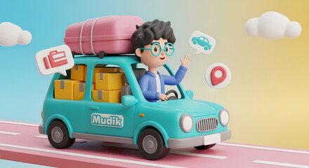 Fototapeta premium Animated Character Driving a Car Loaded with Luggage and Parcels ramadhan kareem