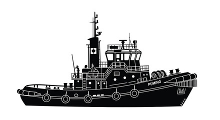 A striking black and white silhouette depicts a robust tugboat sailing on calm waters showcasing its powerful design © VoDesign02