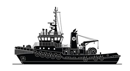 A detailed black and white silhouette showcases a powerful tugboat featuring its superstructure deck and functional maritime design © VoDesign02