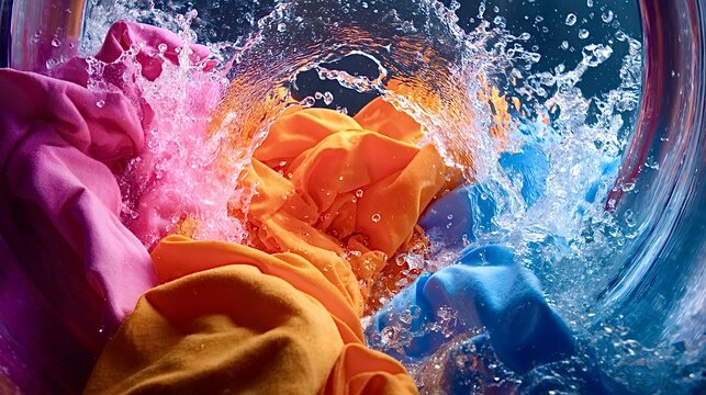Colorful clothes washing in powerful water splash for hygiene
