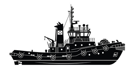 A detailed black silhouette depicts a robust tugboat showcasing its powerful build and maritime functionality high quality professional modern © VoDesign02