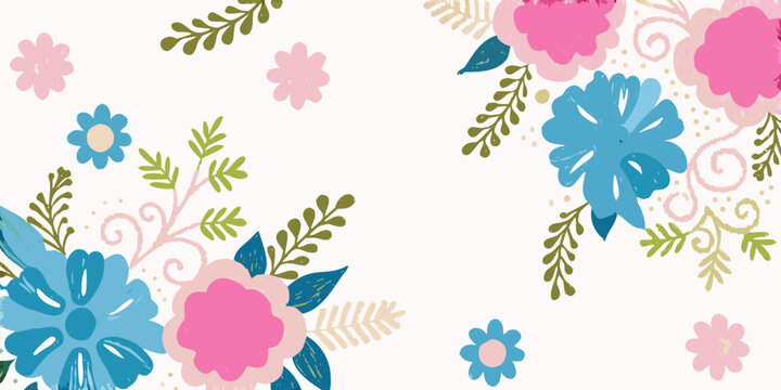 Floral arrangement with pink and blue blossoms on a white background