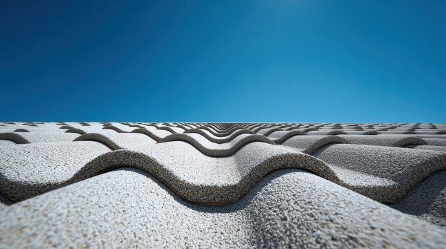 Close up of textured roof tiles under a bright blue sky