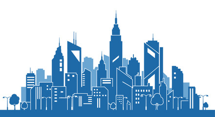 Fototapeta premium A stylized monochromatic blue illustration depicts a modern city skyline with numerous skyscrapers and trees high quality professional detailed