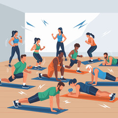 Fototapeta premium Diverse group of people engaged in a high-intensity fitness class, performing various exercises like planks, lunges, and squats under the guidance of an instructor.