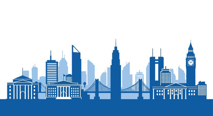 Fototapeta premium A striking blue and white cityscape silhouette showcases iconic buildings and bridges evoking a modern urban atmosphere high quality