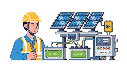 Energy Technician with Solar Panels: A skilled technician, equipped with tools, stands confidently beside a state-of-the-art solar panel setup. © hafs121