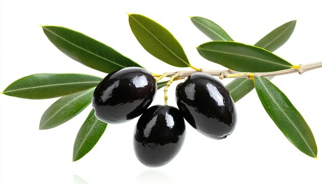 Premium close up of a fresh bunch of flavorful ripened black olives with vibrant foliage isolated
