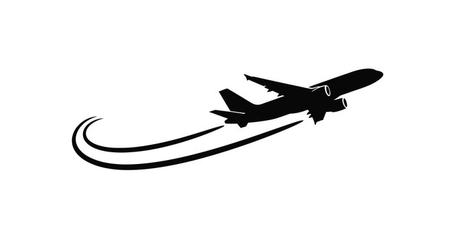 A sleek black silhouette of a passenger airplane in flight leaving a dynamic trail behind it high quality professional