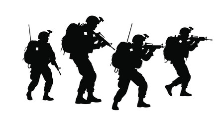 Fototapeta premium A silhouette of four soldiers advancing forward heavily armed with rifles and tactical gear in a combat formation