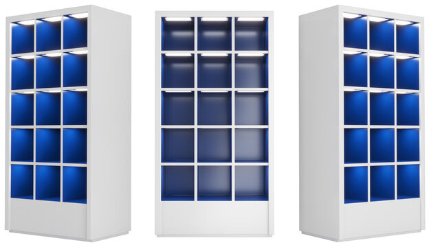 White and blue cube display rack with LED lighting at the top of each shelf. 3d illustrations transparent background