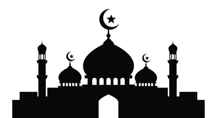 A striking black silhouette depicts an islamic mosque with crescent moons and a prominent star high quality professional detailed © VoDesign02