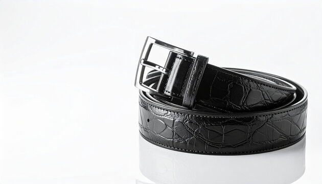 Elegant Black Crocodile Leather Belt with Silver Buckle on White Background