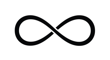 A stark black infinity symbol is displayed against a clean white background representing endlessness and continuity high quality professional