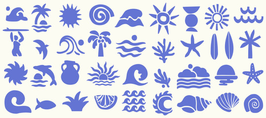 Boho summer set. Naive spiritual geometric palm tree, sun, sea, waves and corals emblem. Tropical retro surf prints, summer beach label, naive vignetting silhouette. Hand drawn vector illustration. © KPstudio