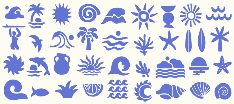 Boho summer set. Naive spiritual geometric palm tree, sun, sea, waves and corals emblem. Tropical retro surf prints, summer beach label, naive vignetting silhouette. Hand drawn vector illustration.