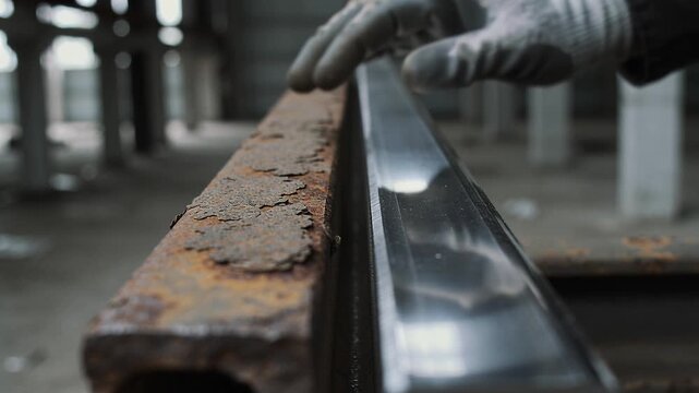 Close up worker hand in protective glove touching metal beam at construction site. Industrial scene depicting quality control and safety standards. Ideal for manufacturing projects.