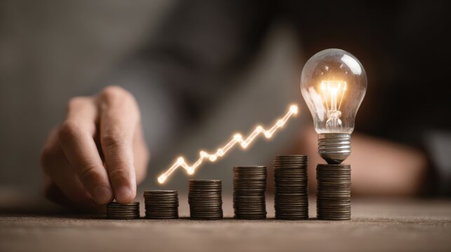 Hand stacking coins with glowing graph and light bulb