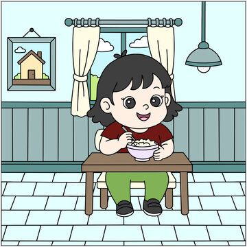 vector illustration of a cute little girl eating foor