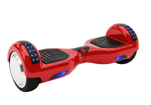 Red hoverboard with blue lights on white background, modern self-balancing scooter