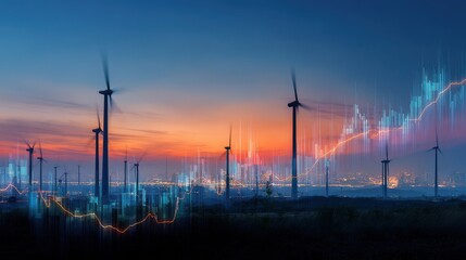 Obraz premium Wind turbines farm with digital energy growth graph overlay