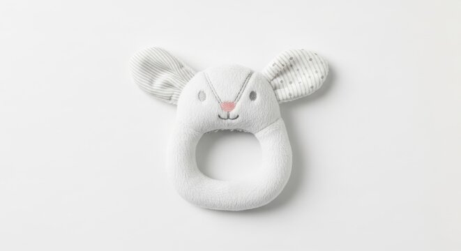 Soft Gray Knit Baby Teether Ring with Cute Mouse Head Design on White Background