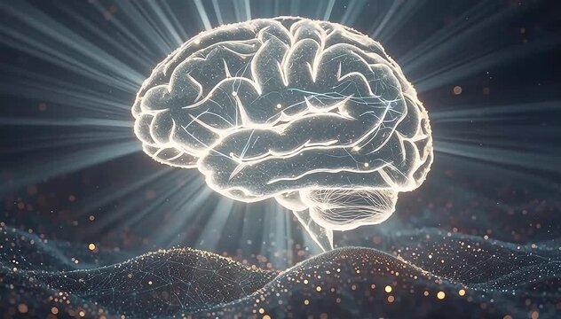 Thousands of tiny luminous particles drifting in darkness gradually assembling into the shape of a digital brain, neuron connections forming between glowing nodes