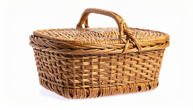 Rustic hand-woven wicker picnic basket with a sturdy handle and hinged lid, perfect for delightful outdoor dining, charming excursions, and memorable al fresco experiences