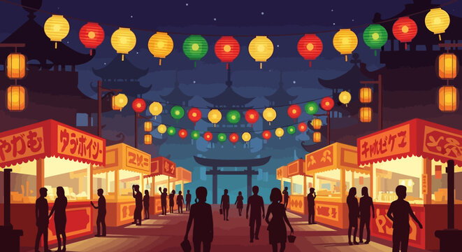 Japanese Night Market Festival with Lanterns and Food Stalls