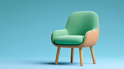 Fototapeta premium Modern green upholstered chair with wooden legs positioned against a light blue background, showcasing a minimalist design suitable for contemporary interiors