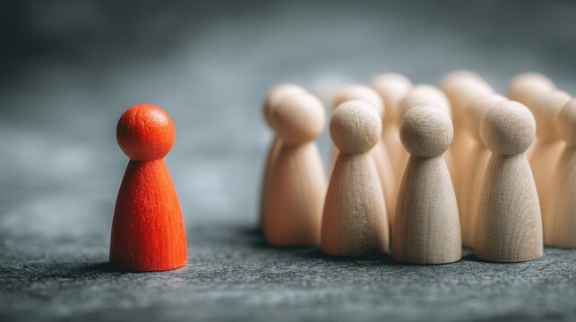 A red wooden pawn standing apart from a group of beige pawns on a grey textured surface
