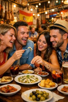 Freunde probieren Boquerones en Vinagre in spanischer Tapasbar hochformat
Eine fr&ouml;hliche Freundesgruppe kostet Boquerones en Vinagre in einer gem&uuml;tlichen spanischen Bar.