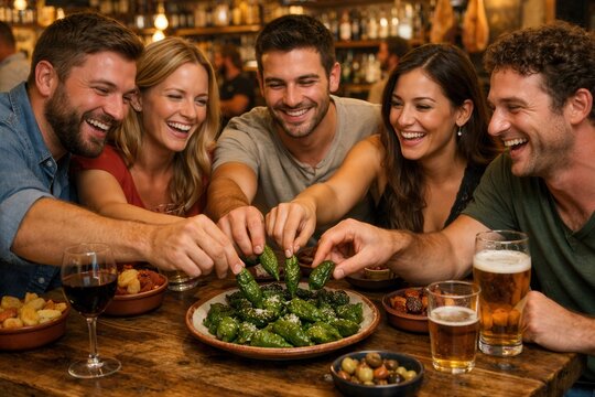 Freunde teilen Pimientos de Padr&oacute;n in geselliger Runde querformat
Eine fr&ouml;hliche Gruppe genie&szlig;t Pimientos de Padr&oacute;n gemeinsam in einer spanischen Tapasbar.