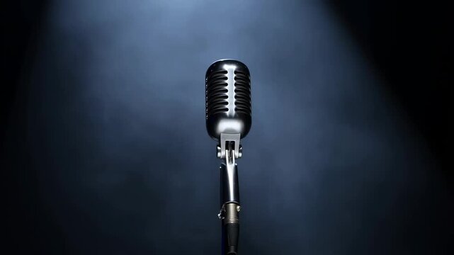 Slow zoom in tracking shot of vintage microphone on stand under spotlight in smoky dark studio for solo performance recording