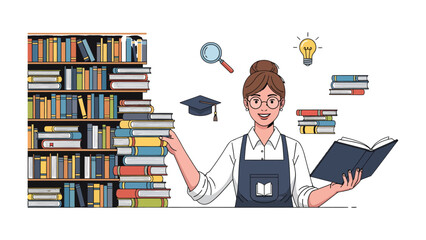 Curated Knowledge: A dedicated librarian stands amidst towering stacks of books, with the tools of learning floating overhead, and open book, inspiring wisdom and exploration. © hafs121