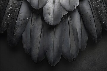 Fototapeta premium Black wing feathers with water droplets on dark background. Close up texture of bird plumage. Abstract natural pattern detail for design element. Elegant dark monochrome wildlife backdrop.