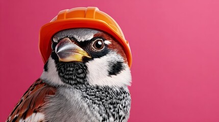 Obraz premium Sparrow bird wearing an orange construction helmet against a bright pink background, showcasing a whimsical and playful design with detailed feathers and facial features