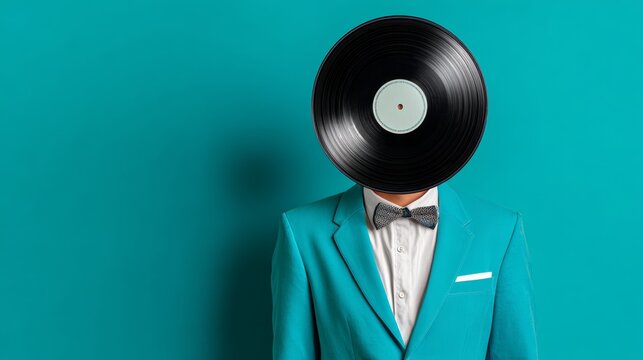 Man in turquoise suit and bow tie with a vinyl record for a head stands against a solid turquoise background, creating a surreal and artistic visual effect