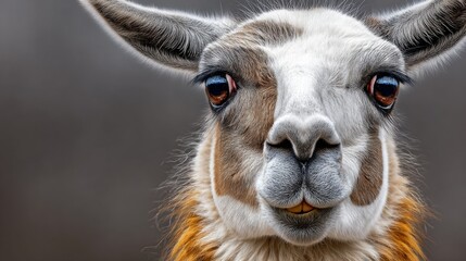 Fototapeta premium Close-up portrait of a llama with distinctive facial features and expressive eyes, showcasing its soft fur and prominent ears against a blurred background