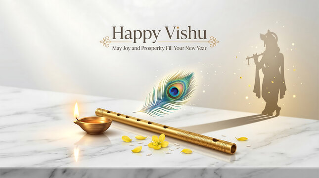 Happy vishu celebration with traditional indian instruments and decorations on marble surface